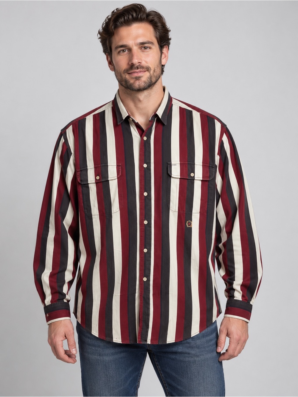 Tommy Hilfiger XL Striped Button Front Shirt Embroidered Crest Cotton
